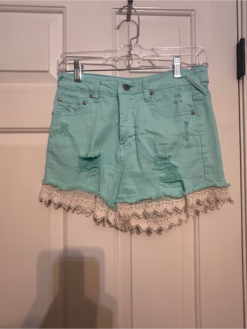Altar’d State Aqua Distressed Lace Trim Shorts Women's Size 25/1 Cotton Blend